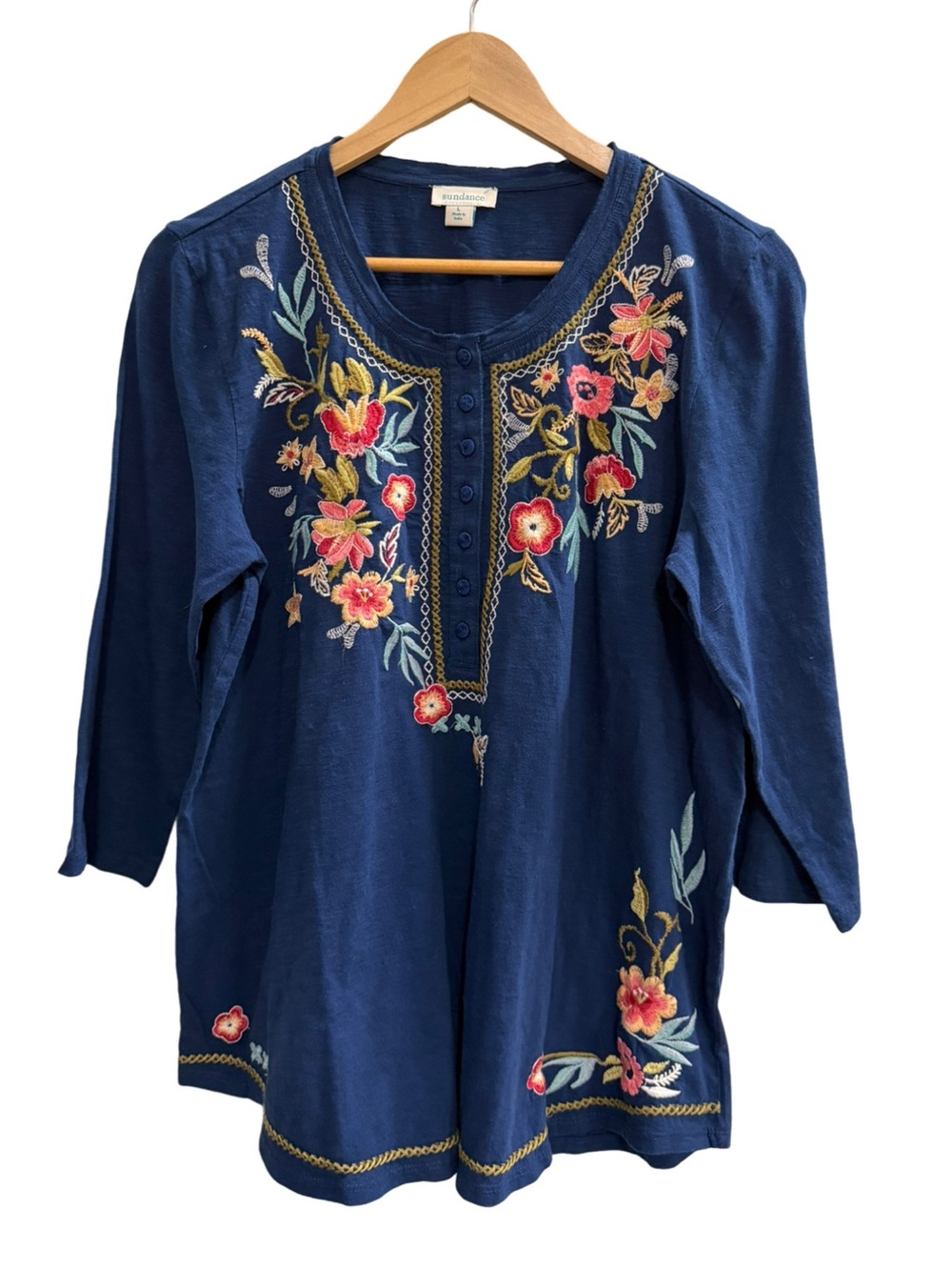 Sundance Embroidered Floral Henley Tunic Top Navy Blue Size Large - Picture 2 of 7